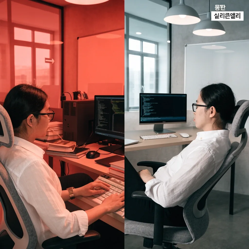 야간 사무실 창가에서 비스듬히 비치는 차가운 화면 빛과 오크 책상 표면