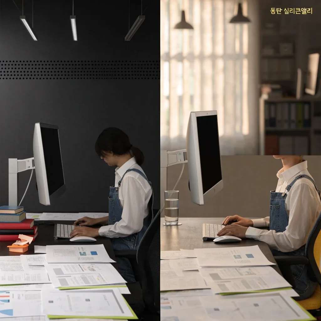 매트 케이스를 씌운 스마트폰이 징크 책상 위에 놓여 있고 화면은 꺼져 있다