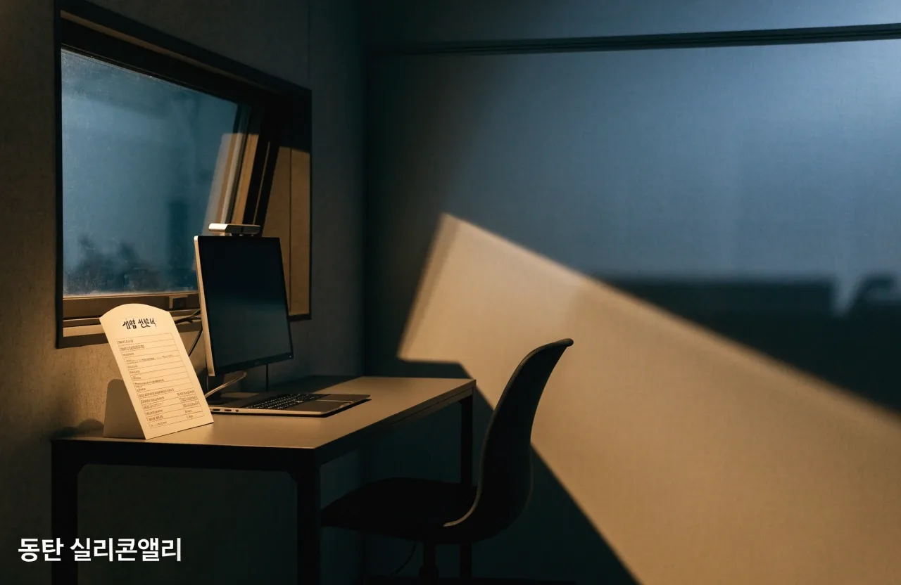 야간 사무실에서 키보드 위에 놓인 손과 화면 빛이 손목을 비추는 모습, 화면 내용은 보이지 않음